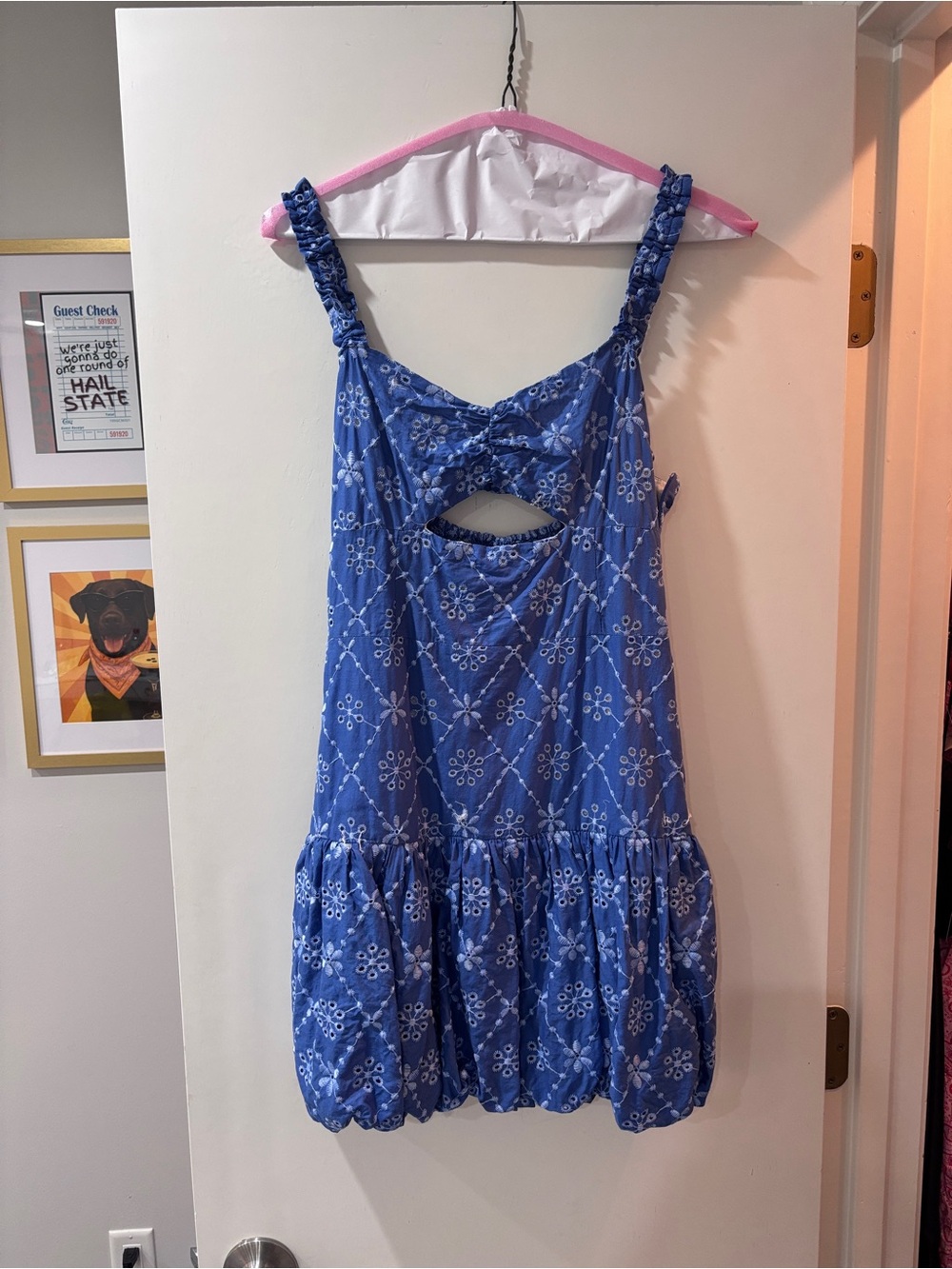 Zara Blue Floral Eyelet Mini Dress with Bubble Hem